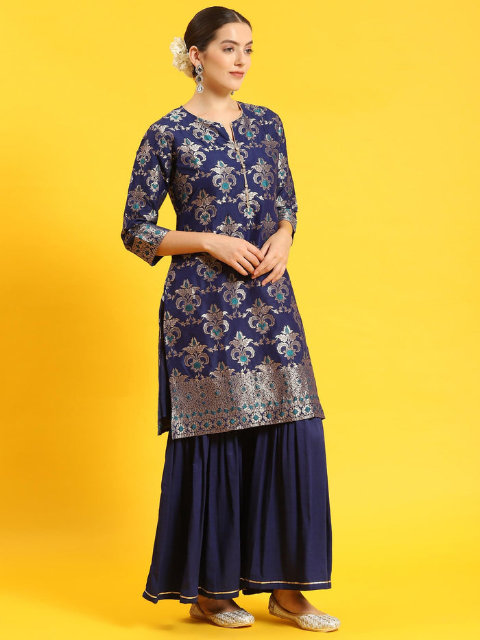 Women Blue Woven Print Kurti Sharara Dupatta.