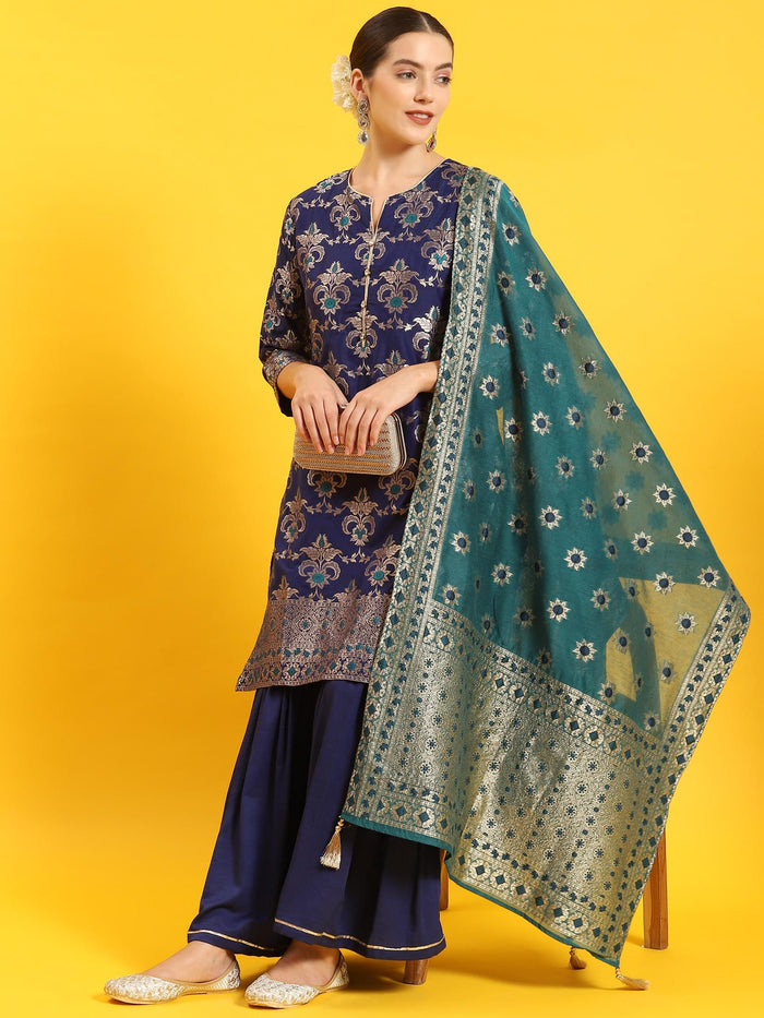 Women Blue Woven Print Kurti Sharara Dupatta.