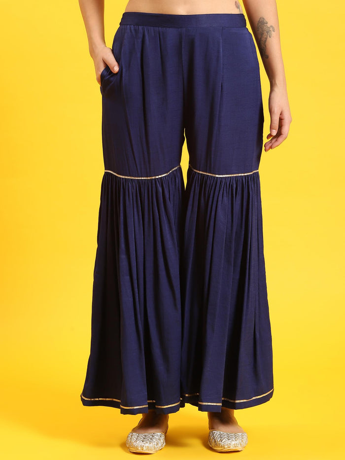 Women Blue Woven Print Kurti Sharara Dupatta.