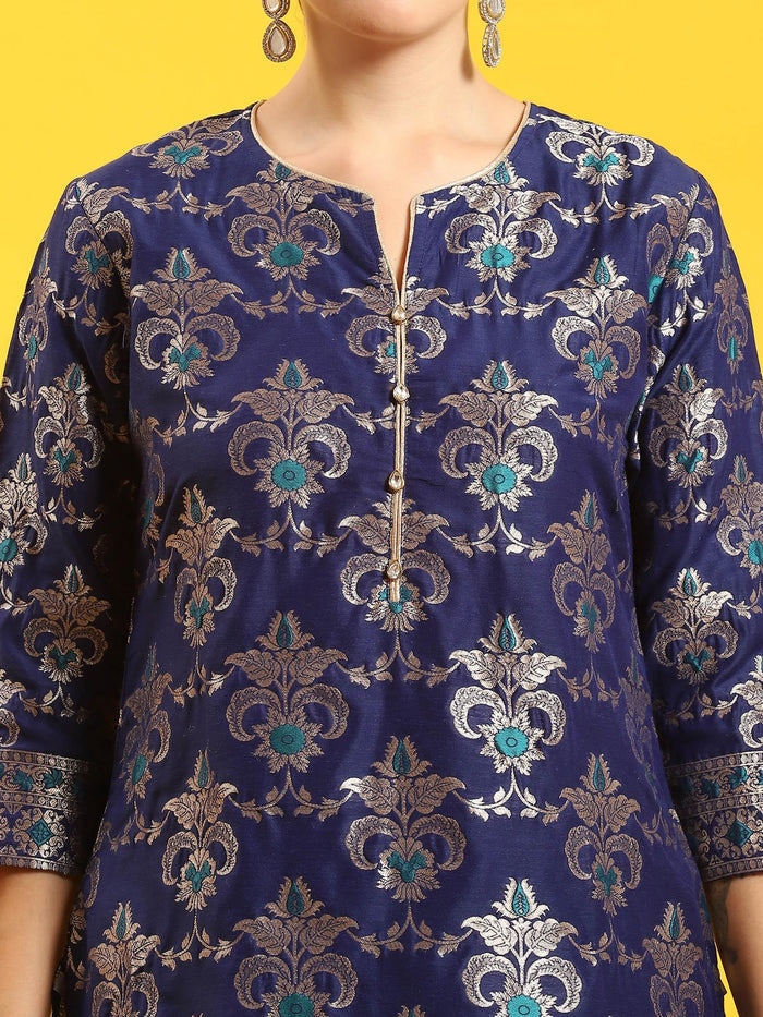 Women Blue Woven Print Kurti Sharara Dupatta.