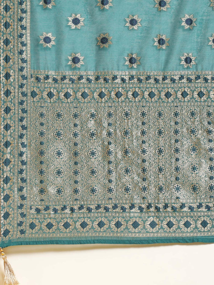 Women Blue Woven Print Kurti Sharara Dupatta.