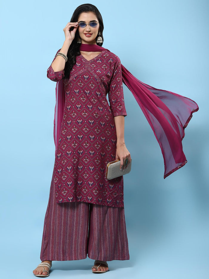Women Burgundy Abstract Printed Kurta Wide Pant Dupatta.