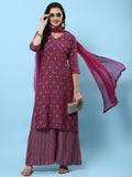 Women Burgundy Abstract Printed Kurta Wide Pant Dupatta.