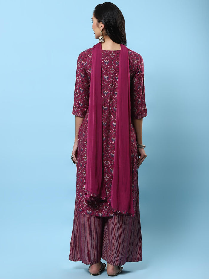 Women Burgundy Abstract Printed Kurta Wide Pant Dupatta.