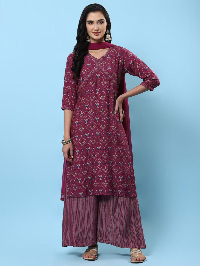Women Burgundy Abstract Printed Kurta Wide Pant Dupatta.