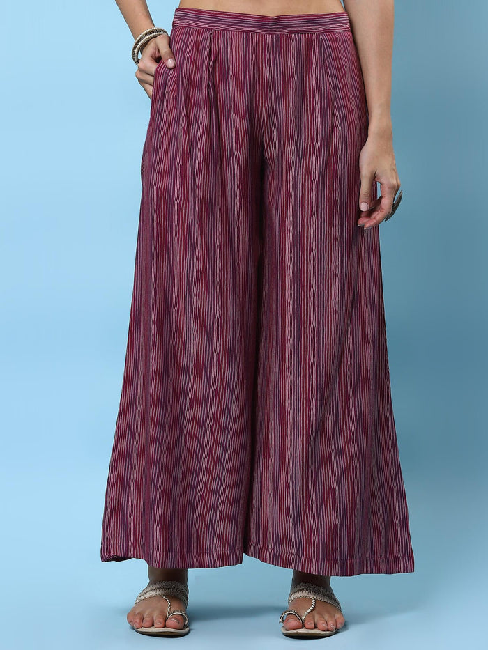 Women Burgundy Abstract Printed Kurta Wide Pant Dupatta.
