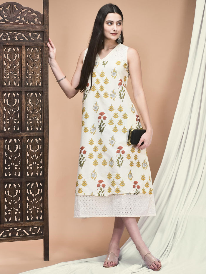 Women Cambric Off White Jaipur Motifs Print Dress.