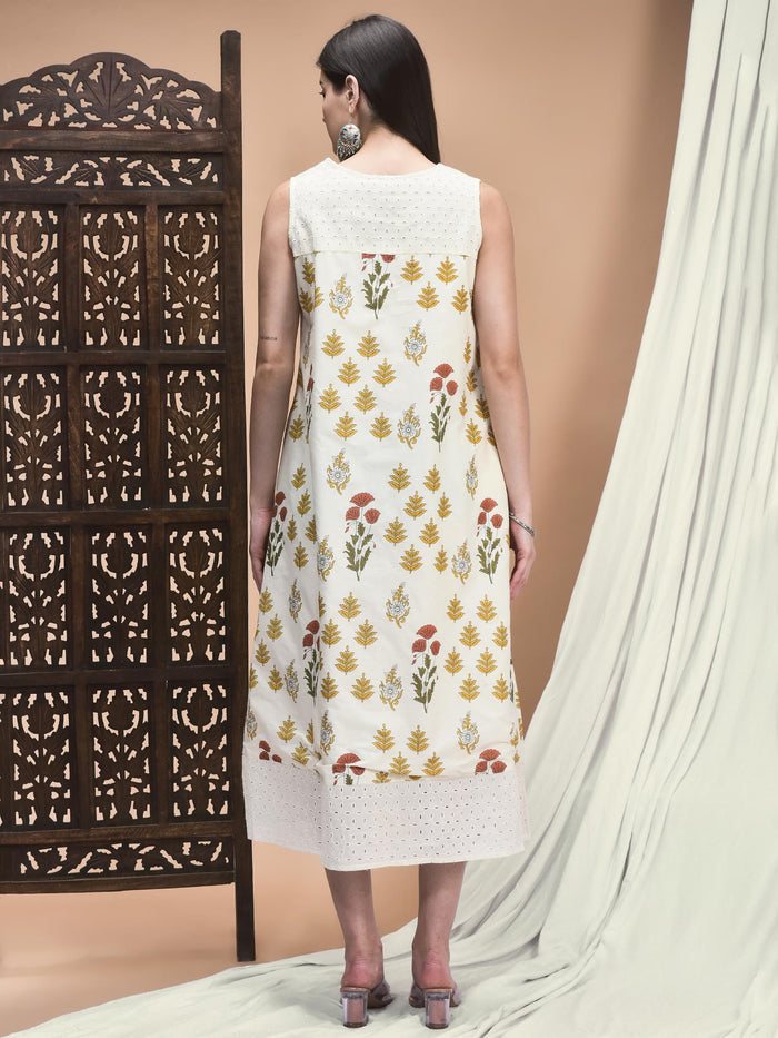 Women Cambric Off White Jaipur Motifs Print Dress.