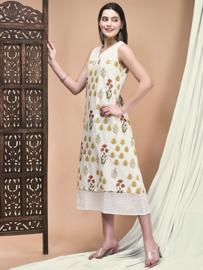 Women Cambric Off White Jaipur Motifs Print Dress.