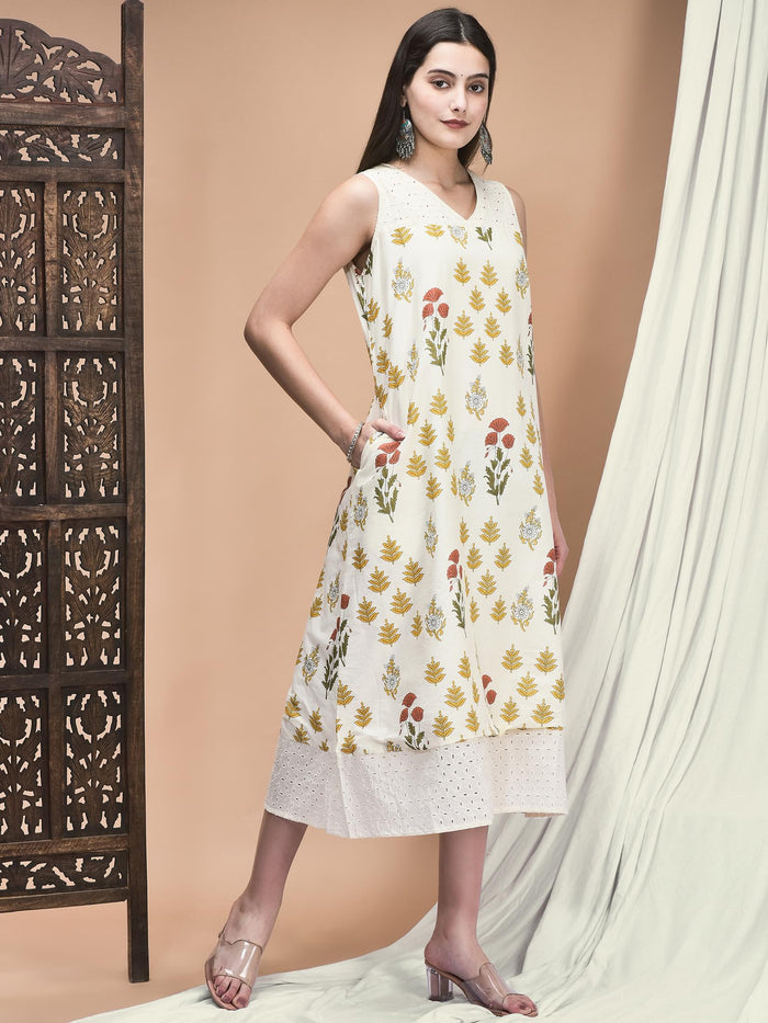 Women Cambric Off White Jaipur Motifs Print Dress.