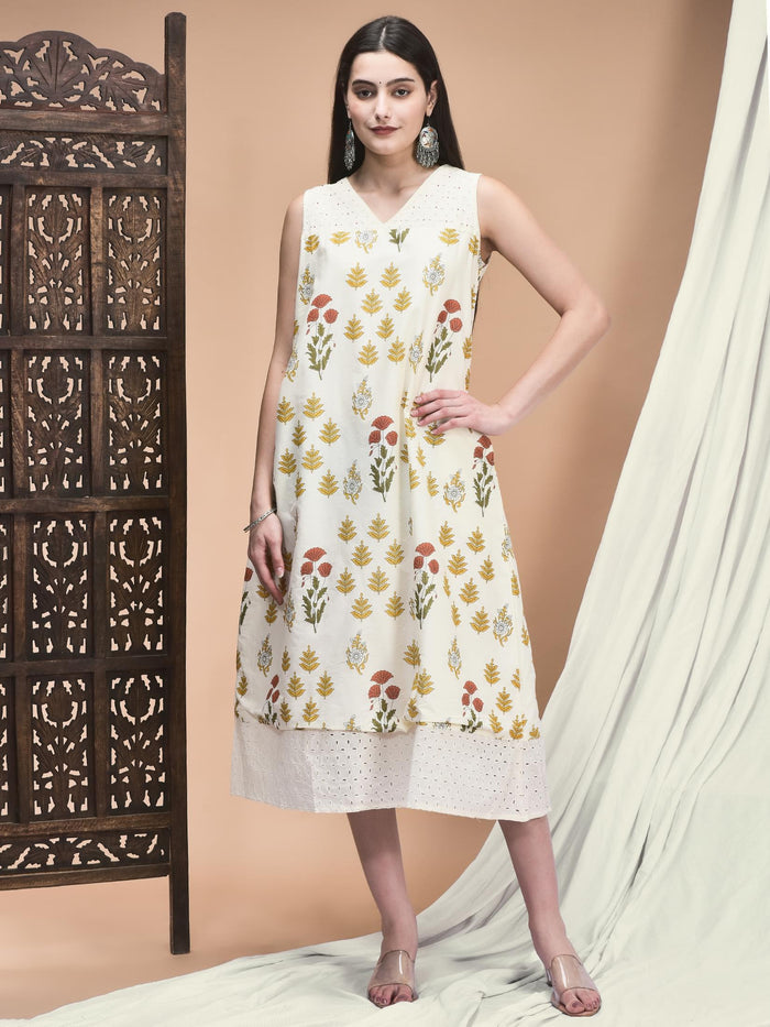 Women Cambric Off White Jaipur Motifs Print Dress.