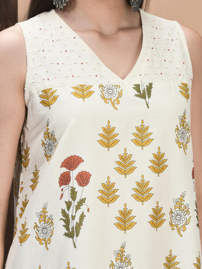 Women Cambric Off White Jaipur Motifs Print Dress.