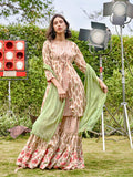Women Cambric White Multi Kurta With Sharara.