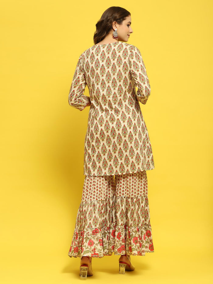 Women Cambric White Multi Kurta With Sharara.