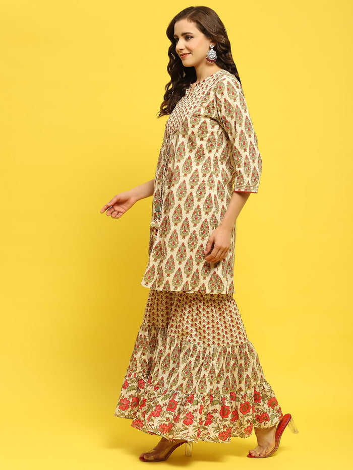 Women Cambric White Multi Kurta With Sharara.