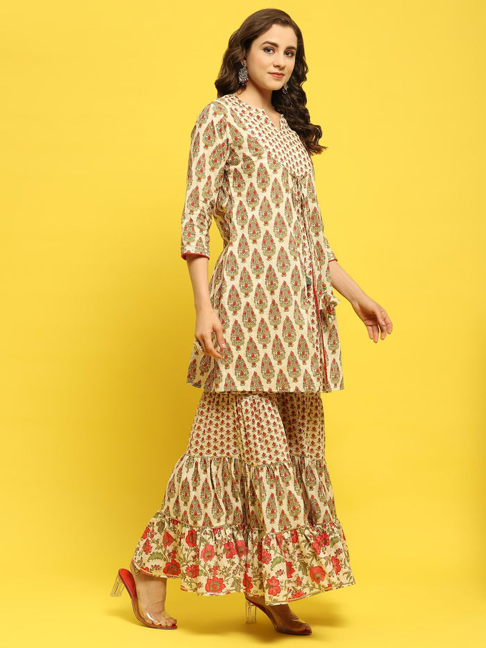 Women Cambric White Multi Kurta With Sharara.
