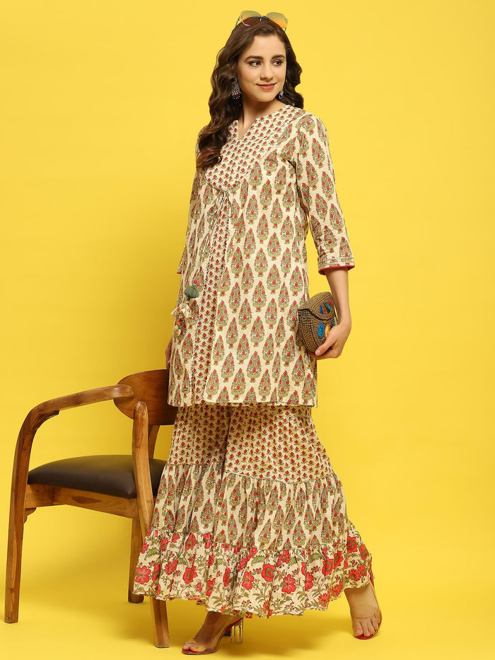 Women Cambric White Multi Kurta With Sharara.
