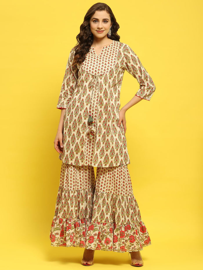 Women Cambric White Multi Kurta With Sharara.