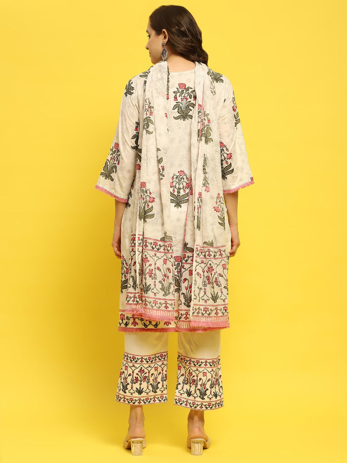 Women Cambric White Pink Kurta Comfort Pant Dupatta.
