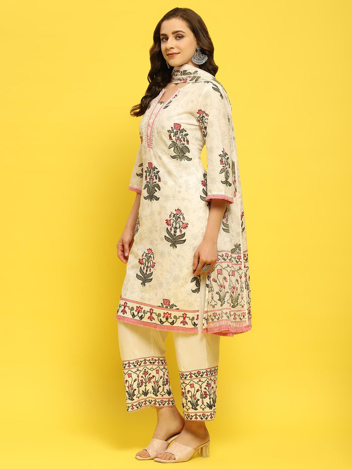 Women Cambric White Pink Kurta Comfort Pant Dupatta.