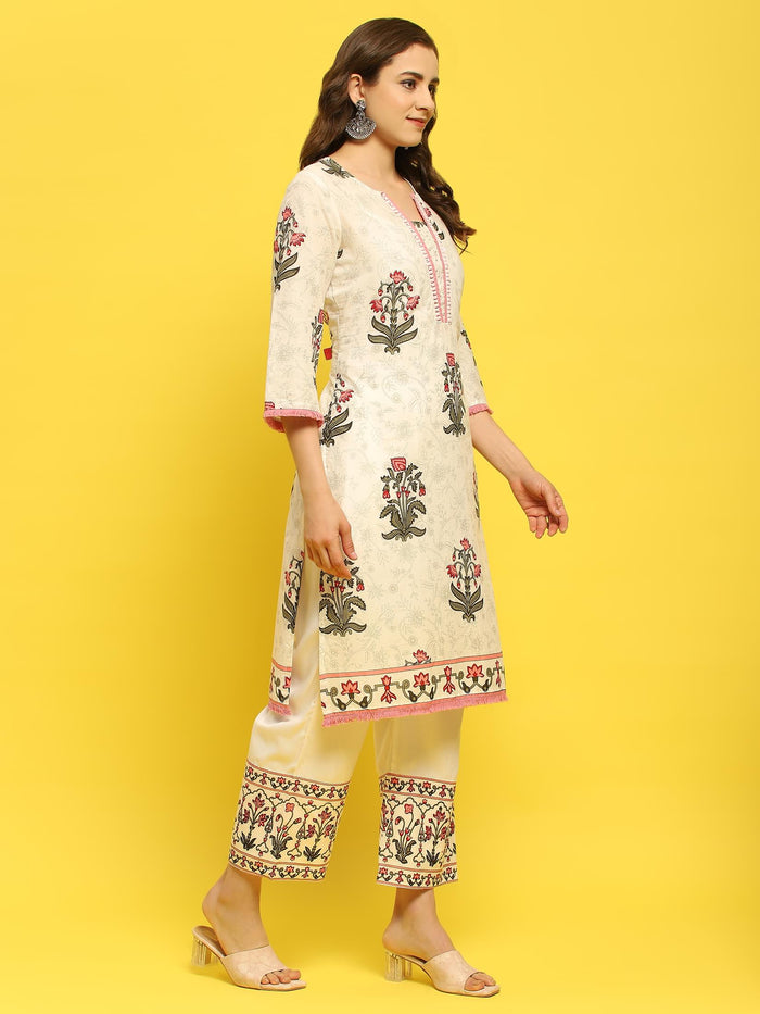 Women Cambric White Pink Kurta Comfort Pant Dupatta.