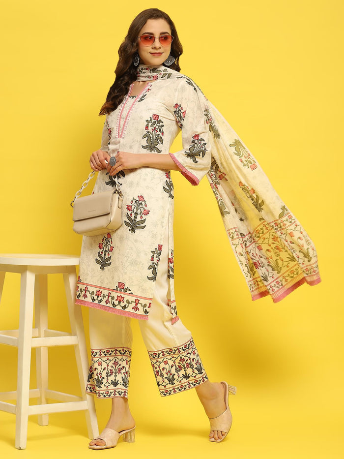 Women Cambric White Pink Kurta Comfort Pant Dupatta.
