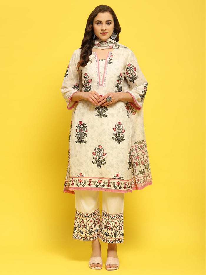 Women Cambric White Pink Kurta Comfort Pant Dupatta.