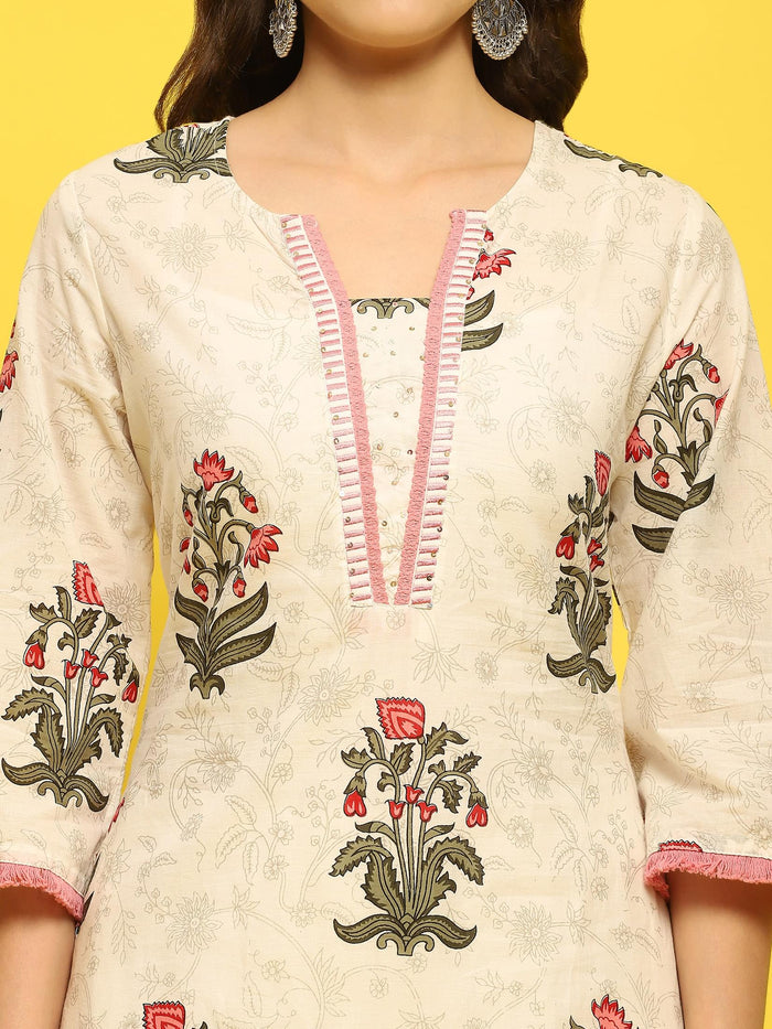 Women Cambric White Pink Kurta Comfort Pant Dupatta.