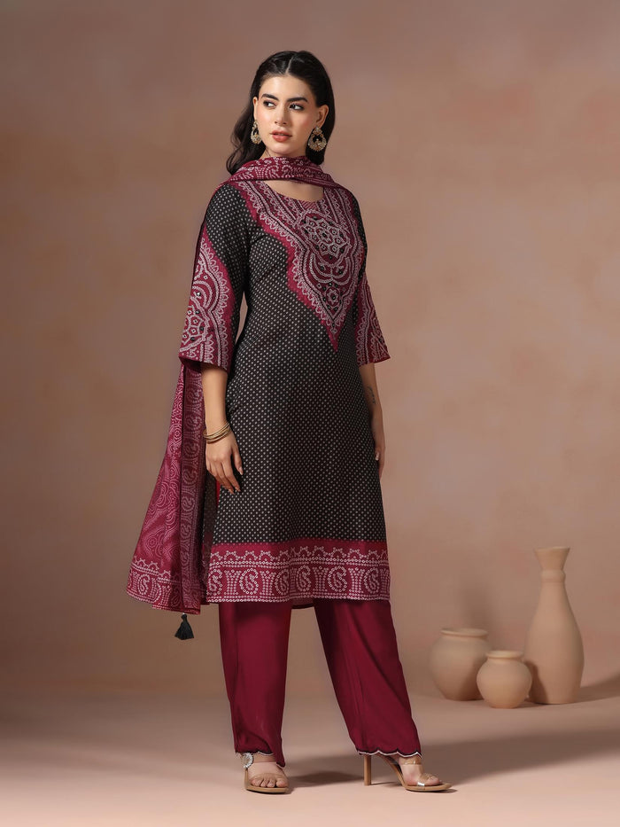 Women Chanderi Black Bandhani Print Embroidered Kurta Comfort Pant Dupatta.