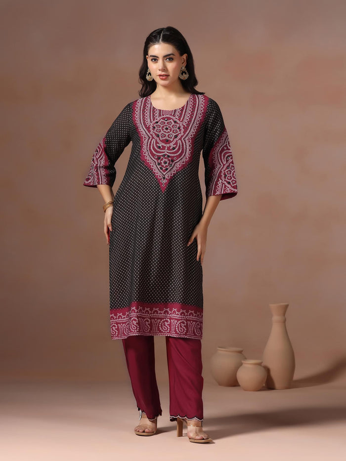 Women Chanderi Black Bandhani Print Embroidered Kurta Comfort Pant Dupatta.