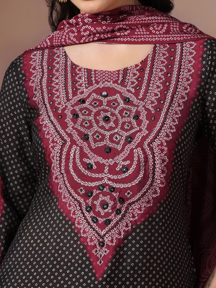Women Chanderi Black Bandhani Print Embroidered Kurta Comfort Pant Dupatta.