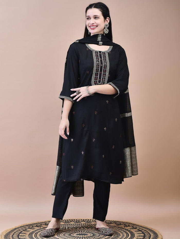 Women Chanderi Black Crop top Embroidered Kurta Comfort Pant Jacquard Dupatta.