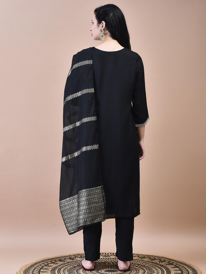 Women Chanderi Black Crop top Embroidered Kurta Comfort Pant Jacquard Dupatta.