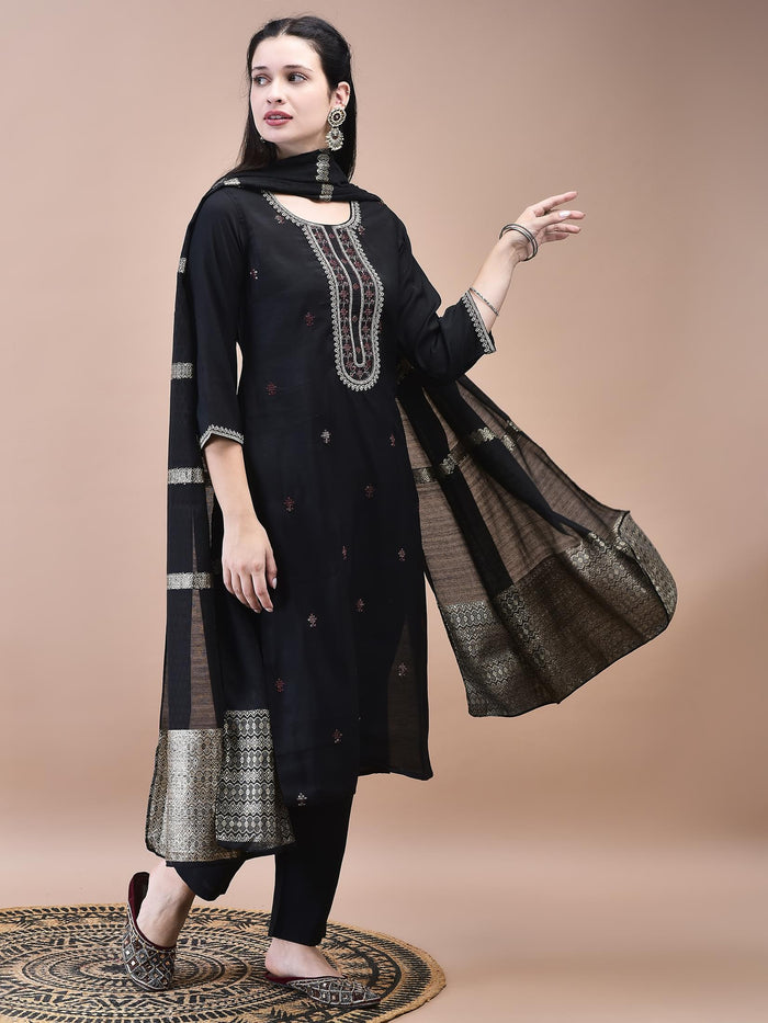 Women Chanderi Black Crop top Embroidered Kurta Comfort Pant Jacquard Dupatta.