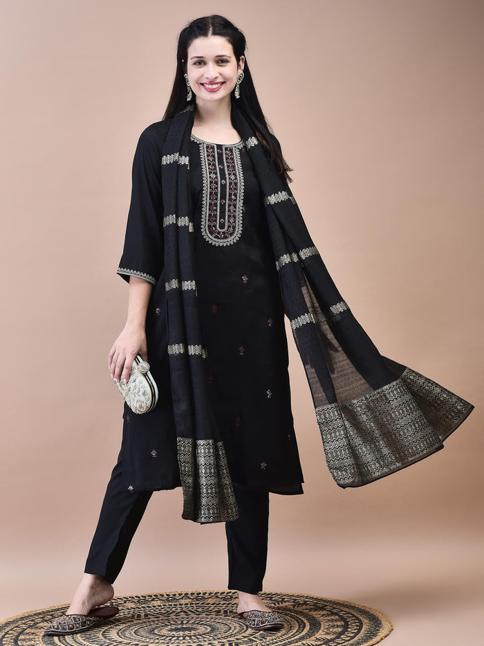 Women Chanderi Black Crop top Embroidered Kurta Comfort Pant Jacquard Dupatta.
