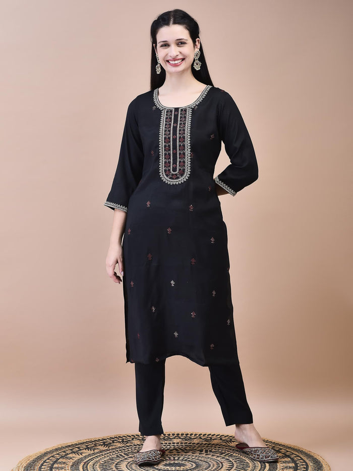 Women Chanderi Black Crop top Embroidered Kurta Comfort Pant Jacquard Dupatta.