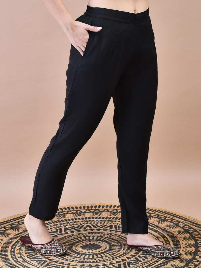 Women Chanderi Black Crop top Embroidered Kurta Comfort Pant Jacquard Dupatta.