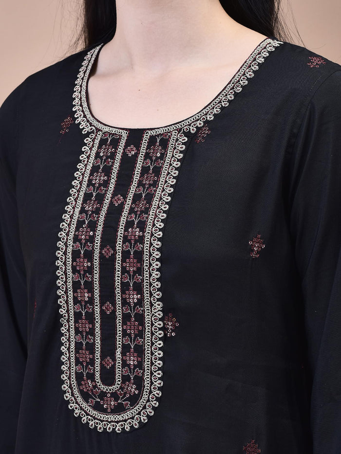 Women Chanderi Black Crop top Embroidered Kurta Comfort Pant Jacquard Dupatta.