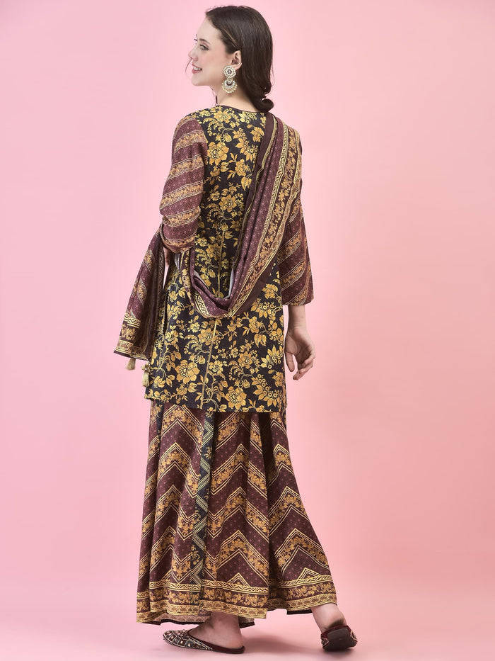Women Chanderi Black Floral Print Kurti Skirt Dupatta.