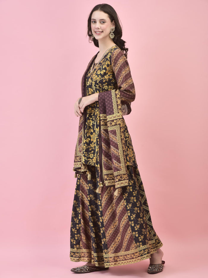 Women Chanderi Black Floral Print Kurti Skirt Dupatta.