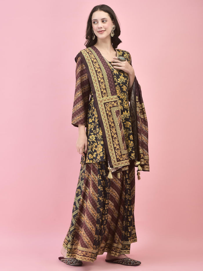Women Chanderi Black Floral Print Kurti Skirt Dupatta.