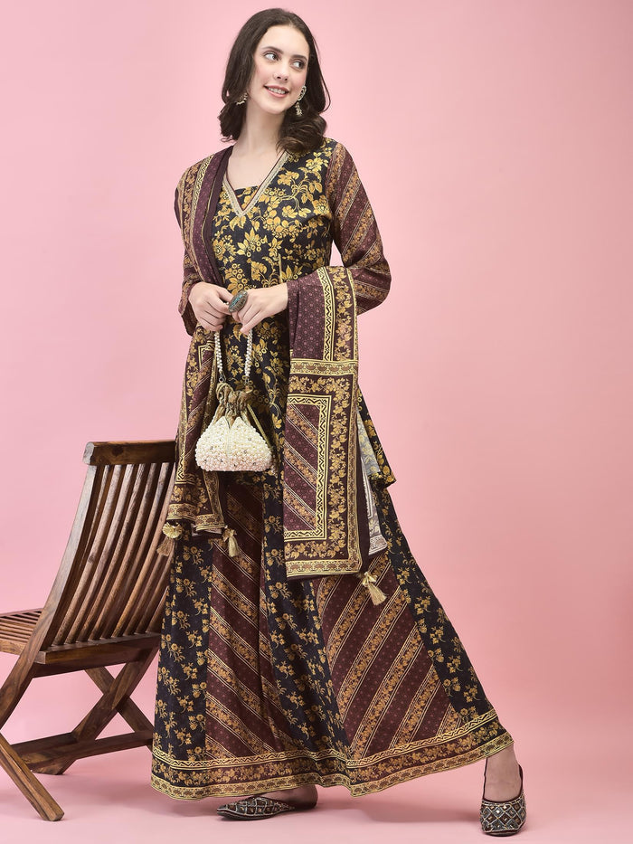 Women Chanderi Black Floral Print Kurti Skirt Dupatta.