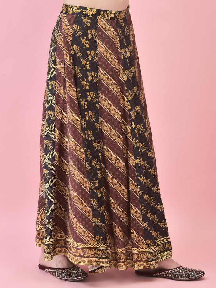 Women Chanderi Black Floral Print Kurti Skirt Dupatta.