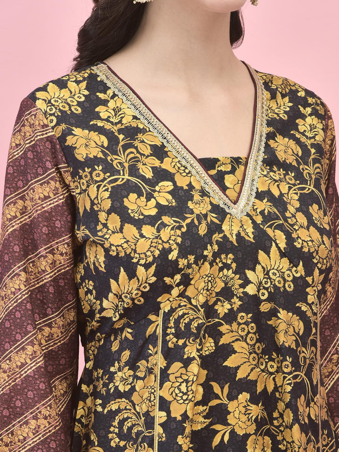 Women Chanderi Black Floral Print Kurti Skirt Dupatta.