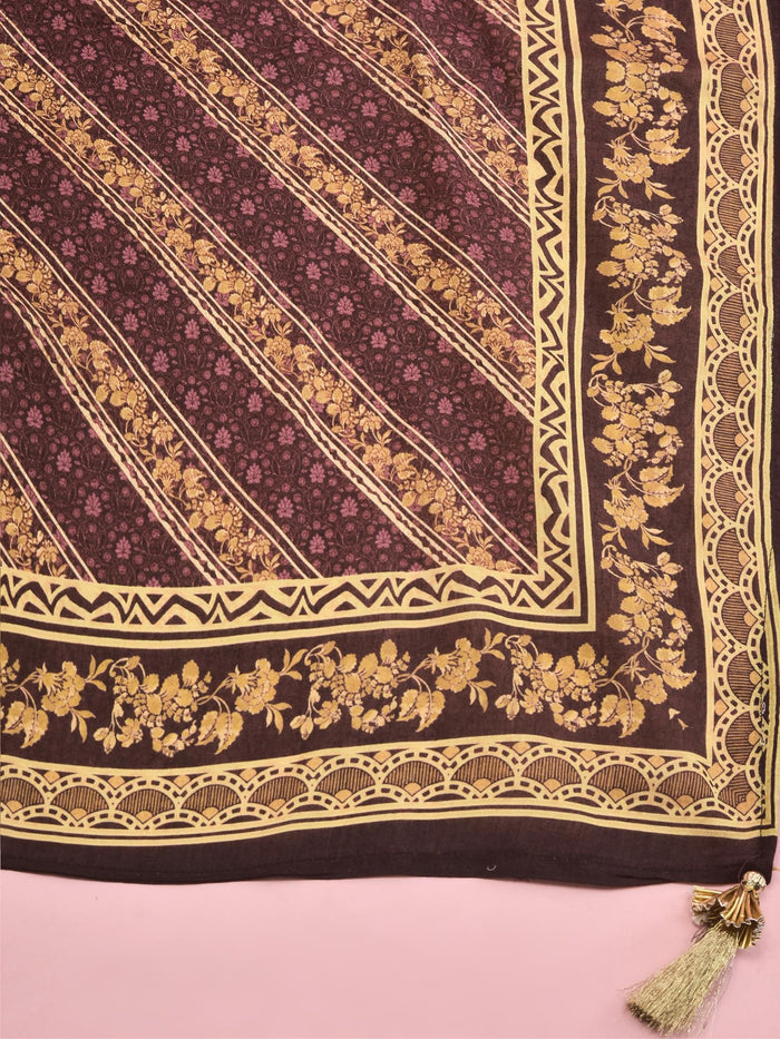 Women Chanderi Black Floral Print Kurti Skirt Dupatta.