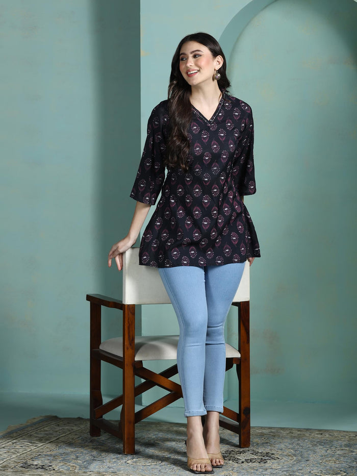 Women Chanderi Black Printed Tunic.