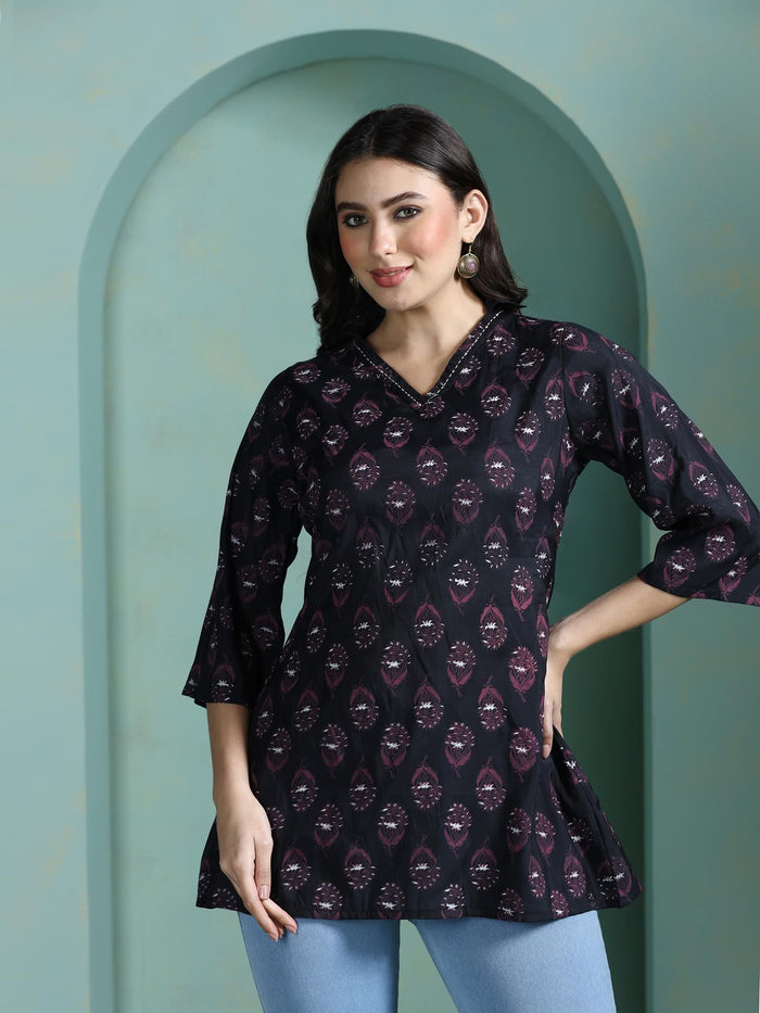 Women Chanderi Black Printed Tunic.