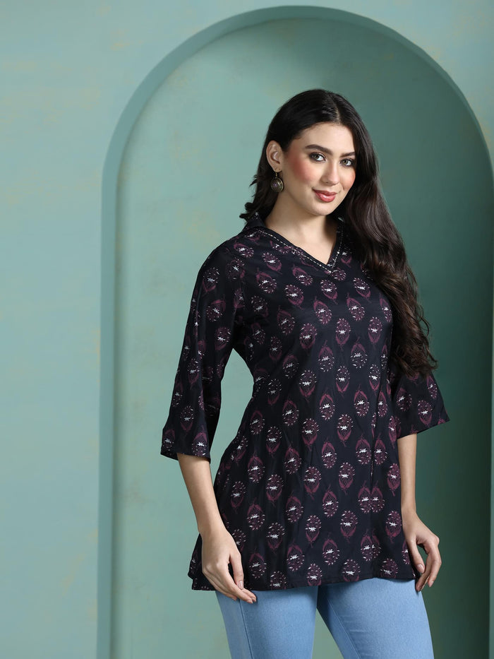Women Chanderi Black Printed Tunic.