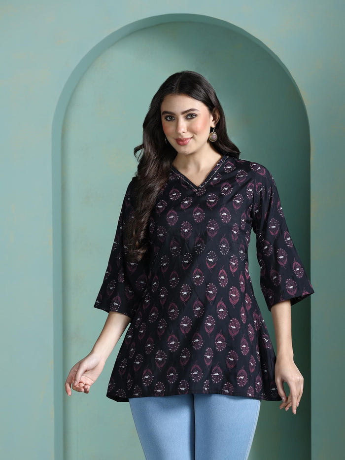Women Chanderi Black Printed Tunic.