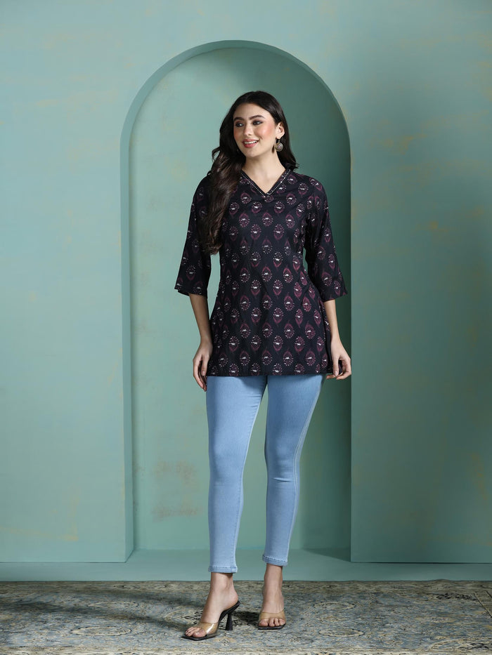 Women Chanderi Black Printed Tunic.